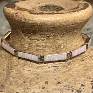 Vintage Silver & Inlayed Opal Bracelet Made in Mexico 6 Inch for Small Wrists